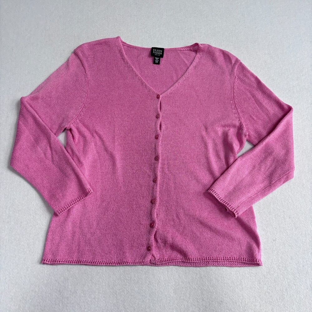 Eileen Fisher Linen Cotton Cardigan Sweater Women's M Petite Pink V Neck Preppy